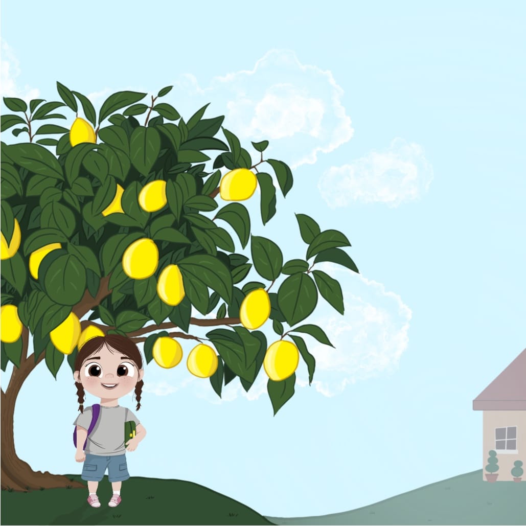 Lily standing under a lemon tree near her home