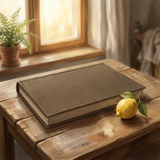 A closed book resting on a wooden table beside a fresh lemon